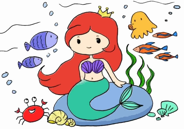 童话故事海底世界里的美人鱼公主简笔画画法步骤步骤教程
