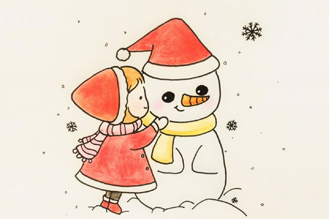 圣诞节小女孩堆雪人简笔画图片素材