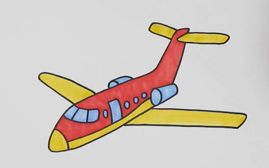最后用红色涂一部分机身,机翼涂上黄色,其它部位涂上蓝色,简单的飞机