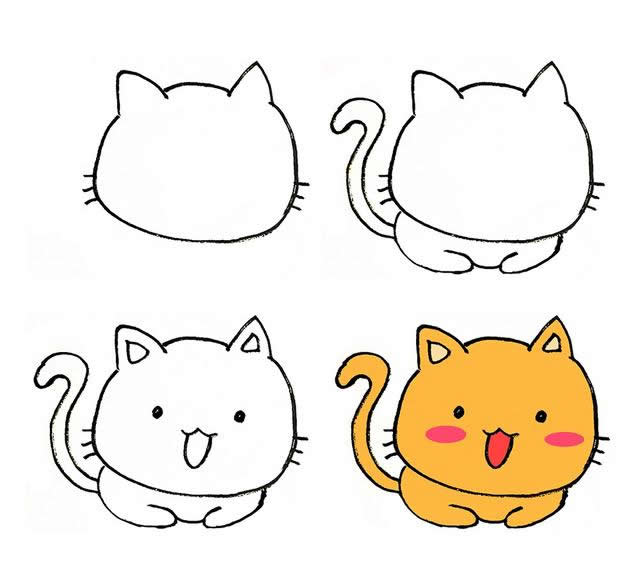 画出小猫的头部,胡须;2.画出小猫的身体和尾巴;3.加上小猫的五官;4.
