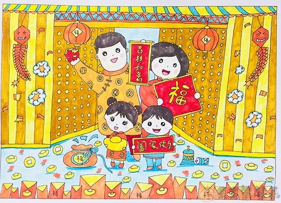 2021新年春节儿童画,牛年春节少儿绘画 