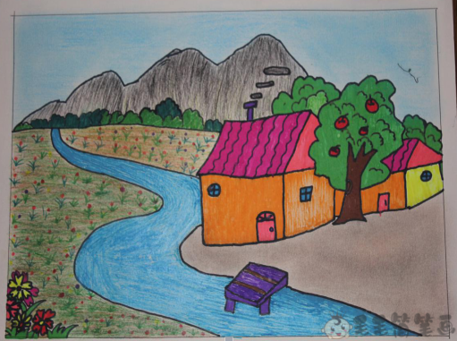 家乡的风景画 六年级图片